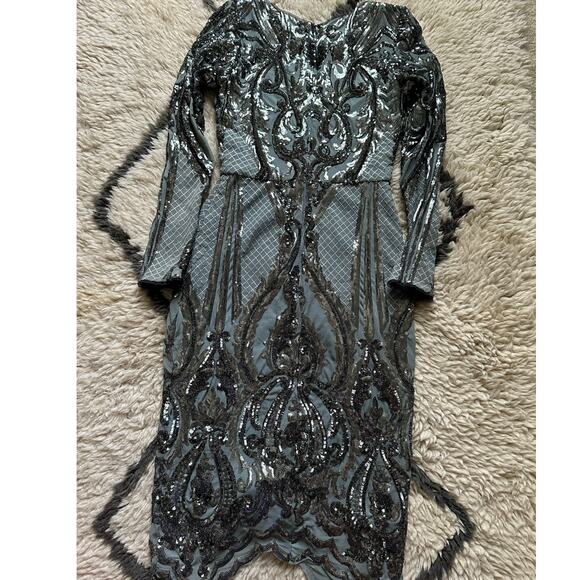 Betsy & Adam Sequin Bodycon Cocktail Dress Size 2 teal glam knee high long - Picture 14 of 16